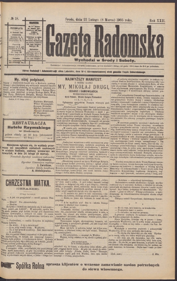 Gazeta Radomska. Rok&nbsp;22, 1905, numero&nbsp;18