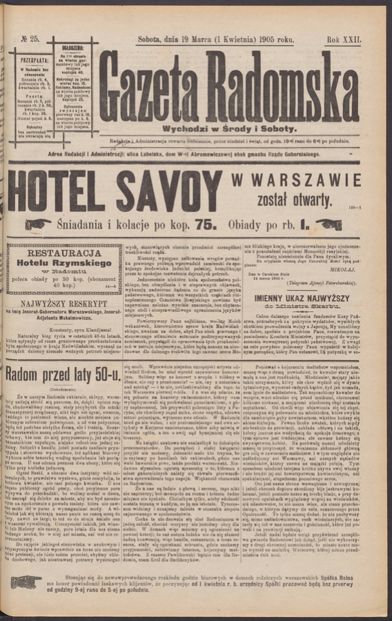 Gazeta Radomska. Rok&nbsp;22, 1905, numero&nbsp;25