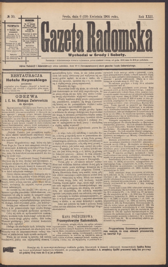 Gazeta Radomska. Rok&nbsp;22, 1905, numero&nbsp;30