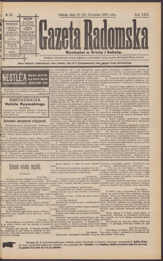 Gazeta Radomska. Rok&nbsp;22, 1905, numero&nbsp;33