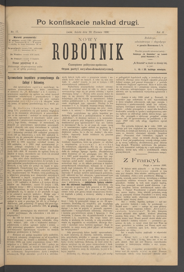 Nowy Robotnik : czasopismo polityczno-społeczne : organ partyi socyalno-demokratycznej. Rok 4, 1896, numer 17 (po konfiskacie nakład drugi)