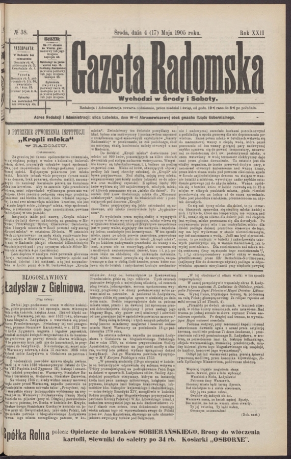 Gazeta Radomska. Rok&nbsp;22, 1905, numero&nbsp;38