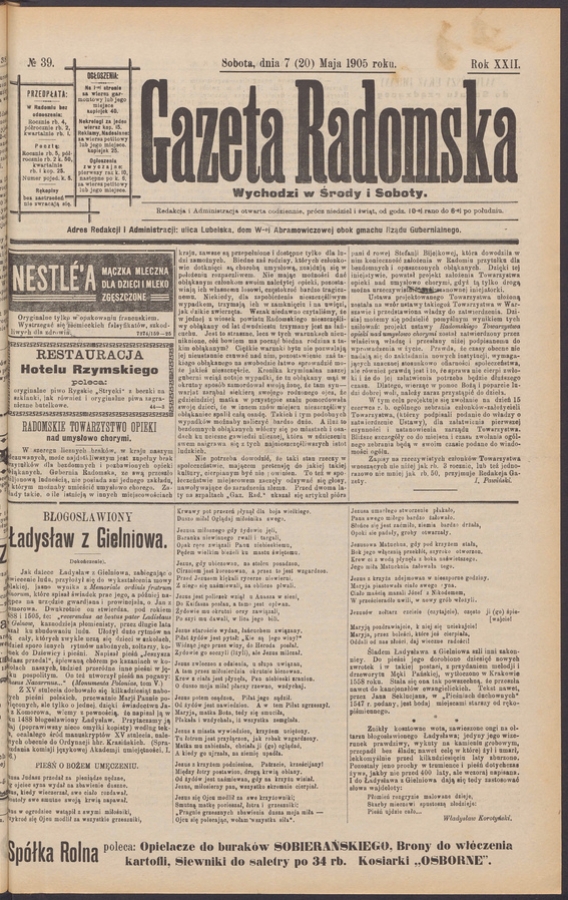 Gazeta Radomska. Rok&nbsp;22, 1905, numero&nbsp;39
