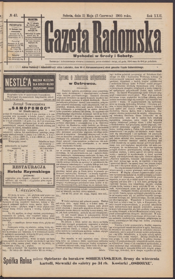 Gazeta Radomska. Rok&nbsp;22, 1905, numero&nbsp;43