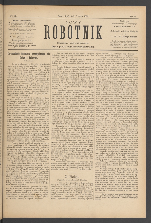 Nowy Robotnik : czasopismo polityczno-społeczne : organ partyi socyalno-demokratycznej. Rok 4, 1896, numer 18