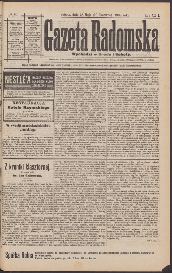 Gazeta Radomska. Rok&nbsp;22, 1905, numero&nbsp;45