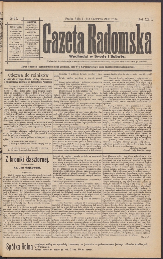 Gazeta Radomska. Rok&nbsp;22, 1905, numero&nbsp;46