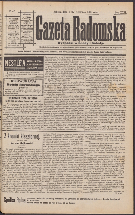 Gazeta Radomska. Rok&nbsp;22, 1905, numero&nbsp;47