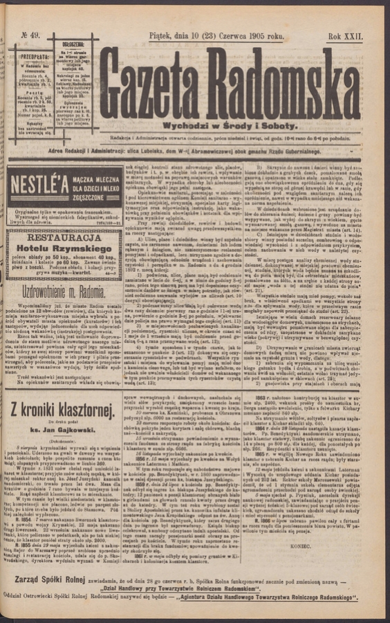 Gazeta Radomska. Rok&nbsp;22, 1905, numero&nbsp;49