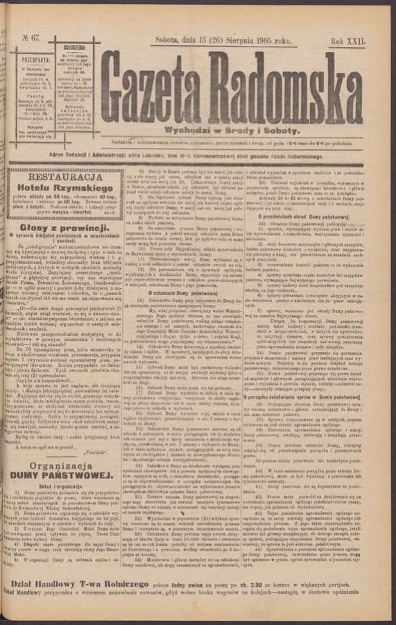 Gazeta Radomska. Rok&nbsp;22, 1905, numero&nbsp;67