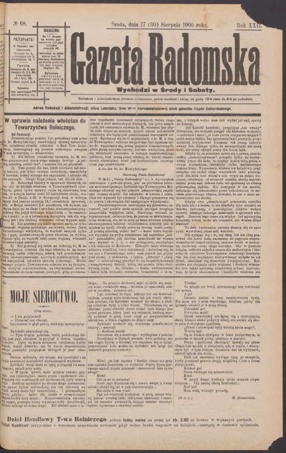 Gazeta Radomska. Rok&nbsp;22, 1905, numero&nbsp;68
