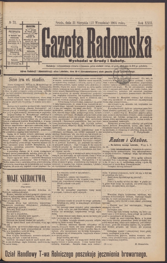 Gazeta Radomska. Rok&nbsp;22, 1905, numero&nbsp;72