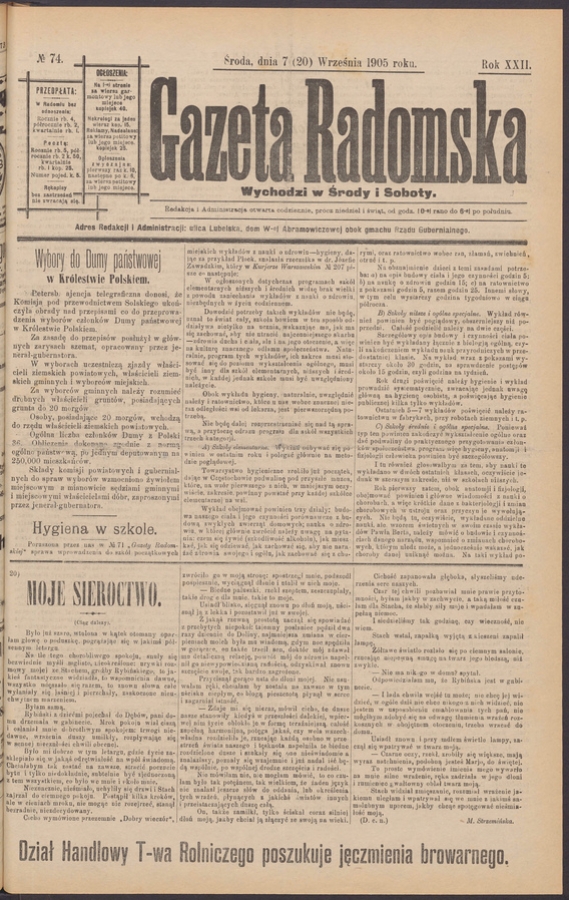 Gazeta Radomska. Rok&nbsp;22, 1905, numero&nbsp;74