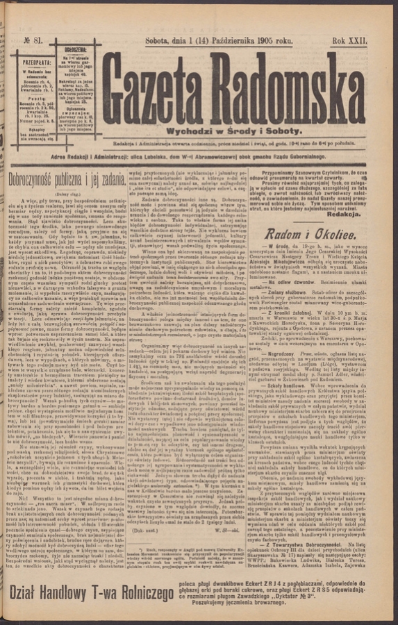 Gazeta Radomska. Rok&nbsp;22, 1905, numero&nbsp;81
