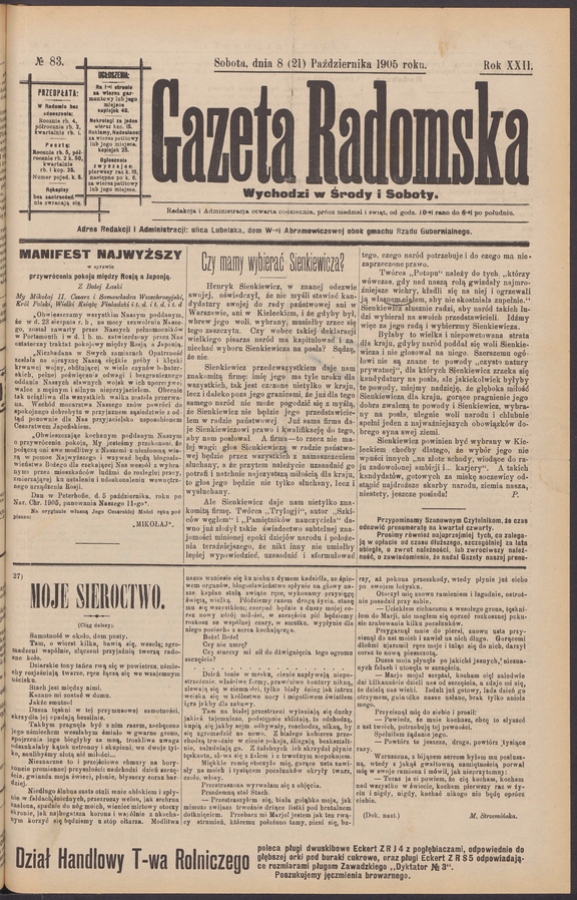 Gazeta Radomska. Rok&nbsp;22, 1905, numero&nbsp;83