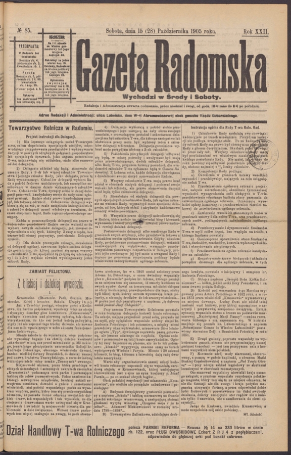 Gazeta Radomska. Rok&nbsp;22, 1905, numero&nbsp;85