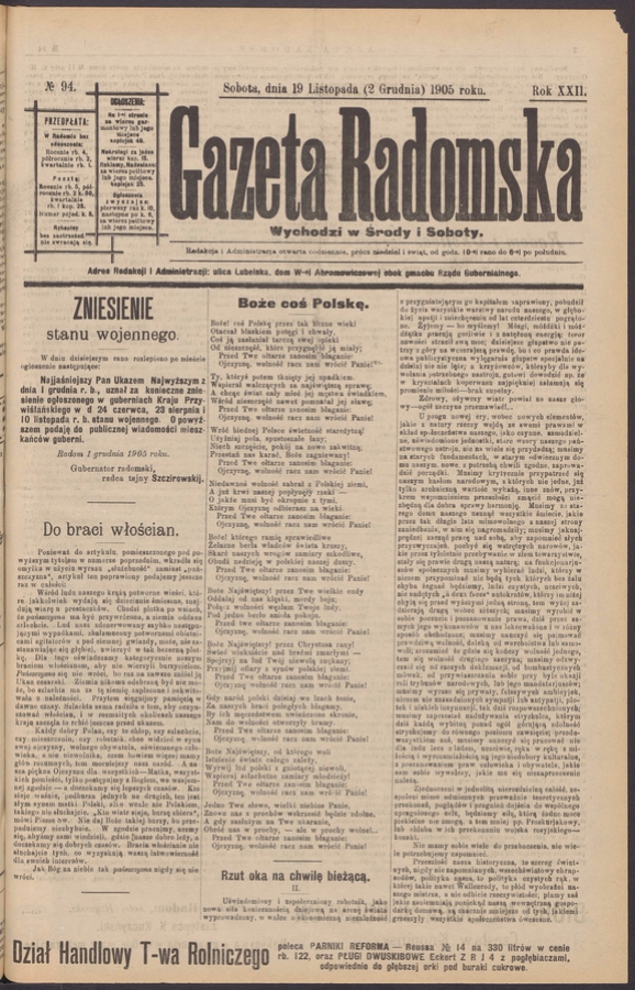 Gazeta Radomska. Rok&nbsp;22, 1905, numero&nbsp;94