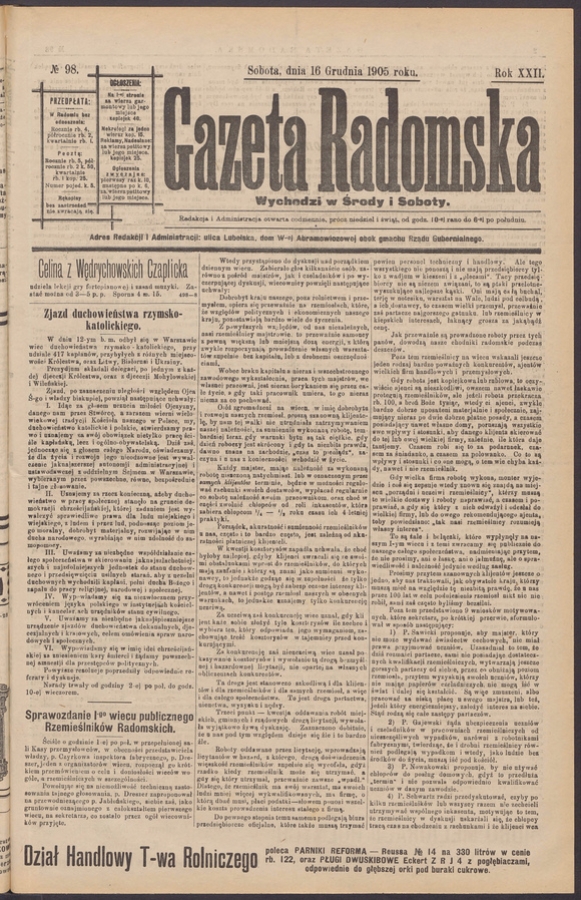 Gazeta Radomska. Rok&nbsp;22, 1905, numero&nbsp;98