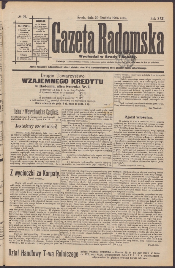 Gazeta Radomska. Rok&nbsp;22, 1905, numero&nbsp;99