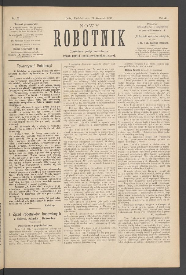 Nowy Robotnik : czasopismo polityczno-społeczne : organ partyi socyalno-demokratycznej. Rok 4, 1896, numer 26